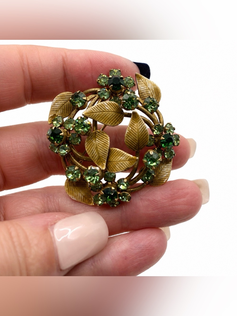 NOS/Vtg: Sellers Sample Gold Plated Glass/Enamel Prong Set Floral Brooch